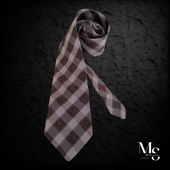 HICKEY FREEMAN Brown Purple PLaids & Cheks Silk Tie Made In USA W: 3.4" EX COND - Picture 1 of 7